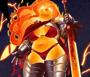 1girl absurdres adventure_time adventure_time:_fionna_and_cake armor bikini cape colored_skin covered_erect_nipples elemental_(creature) fiery_hair fire_elemental flame_princess forehead_jewel gauntlets glowing glowing_sword glowing_weapon greaves highres holding holding_sword holding_weapon inker_comics navel off_shoulder orange_skin plump red_bikini solo stomach swimsuit sword weapon yellow_skin