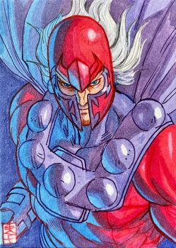 1boy acecore2k blue_eyes bodysuit cape commentary english_commentary floating_cape floating_hair helmet highres long_hair looking_at_viewer looking_up magneto male_focus marker_(medium) marvel mature_male muscular muscular_male pen_(medium) purple_cape red_bodysuit red_helmet solo superhero_costume traditional_media upper_body white_hair x-men