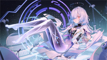 1girl absurdres barefoot breasts chinese_commentary colored_eyelashes commentary_request dress from_behind grey_hair hair_ornament hair_over_one_eye halo heiyizhushenxia highres holographic_interface id_card jacket long_hair looking_at_viewer looking_to_the_side medium_breasts mornye_(wuthering_waves) purple_dress red_eyes see-through_body sky solo space star_(sky) starry_sky tacet_mark_(wuthering_waves) white_jacket wuthering_waves