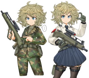 ... 1girl 5.56x45mm_scf advanced_combat_rifle_(military_program) advanced_individual_weapon_system_(military_program) advanced_infantry_weapon_system_(military_program) ammunition ammunition_focus ammunition_pouch assault_rifle belt birdcage_flash_hider black_neckwear blue_eyes blue_skirt bullpup burst_fire_gun burst_fire_rifle camouflage carbine_cartridge chart closed_mouth collared_shirt cowboy_shot dart double-stack_magazine double-stack_single-feed_magazine flechette gloves green_gloves grey_belt gun holding holding_gun holding_weapon intermediate_cartridge light_brown_hair lightning_holes long_gun long_sleeves magazine_(weapon) mikeran_(mikelan) military military_cartridge military_program military_uniform miniskirt muzzle_device necktie needle needlegun original pleated_skirt pouch prototype prototype_design rifle rifle_cartridge scope shirt sight_(weapon) simple_background single-feed_magazine skirt smile speech_bubble standing steel_(metal) steyr_acr steyr_arms sub-caliber_ammunition supersonic_ammunition sweatdrop telescopic_sight thigh_pouch thigh_strap thighhighs translucent utility_belt weapon weapon_focus weird_guns_of_the_world white_background white_shirt