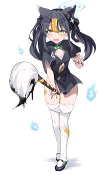 1girl absurdres aer7o animal_ear_fluff animal_ears black_dress black_hair black_nails blue_archive blue_halo breasts calligraphy_brush china_dress chinese_clothes dress extra_ears green_eyes halo highres holding holding_calligraphy_brush holding_paintbrush loli ofuda ofuda_on_head open_mouth oversized_object paintbrush panties panty_pull short_dress short_sleeves shun_(blue_archive) shun_(small)_(blue_archive) small_breasts solo thighhighs tiger_ears tiger_girl underwear white_panties white_thighhighs