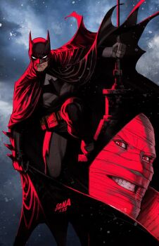 2boys bandaged_head bandages batman batman_(series) black_cape black_gloves bodysuit cape david_nakayama dc_comics gloves grey_bodysuit grin highres hush_(batman) initial multiple_boys red_eyes smile superhero_costume