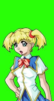 1girl :o angel_blade blonde_hair blue_skirt earrings fang game_cg green_eyes hand_on_own_hip hasumi_(angel_blade) jewelry long_hair looking_at_viewer oobari_masami open_mouth school_uniform shiny_skin shirt shy simple_background skirt twintails white_shirt wide_hips