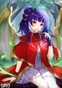 1girl artist_name dragon_girl dragon_wings dress fire_emblem fire_emblem:_the_sacred_stones gao_kawa hair_ribbon highres looking_at_viewer mouth_hold myrrh_(fire_emblem) nintendo purple_hair red_dress red_eyes ribbon ribbon_in_mouth smile solo twintails uneven_twintails white_dress wings bracelet