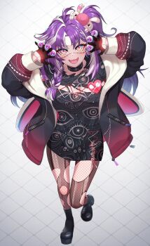 1girl ahoge black_choker black_gloves black_jacket black_shirt breasts choker cleavage commentary english_commentary eye_print gloves gradient_clothes gradient_jacket grey_eyes highres holding_eyeball jacket jared_(michi_mochievee) long_hair looking_at_viewer medium_breasts michi_mochievee michi_mochievee_(1st_costume) multicolored_hair one_side_up open_mouth pantyhose purple_hair red_jacket shirt smile stitched_face stitches streaked_hair torn_clothes torn_pantyhose ursn_e virtual_youtuber vshojo white_background white_hair