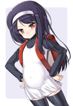 Rule 34 | 1girl, backpack, bag, belly, black hair, devil summoner: soul hackers, devil summoner (series), dress, eyelashes, female focus, frown, hairband, hands on own hips, long hair, nagase haruhito, navel, randoseru, red eyes, sako erika, simple background, solo, thighhighs, tsurime, zettai ryouiki