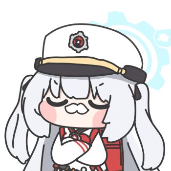 Rule 34 | 1girl, backpack, bag, black bow, blue archive, blue halo, blush, bow, chamsheol, cherino (blue archive), chibi, chibi only, closed eyes, crossed arms, fake facial hair, fake mustache, halo, hat, korean commentary, long hair, randoseru, red bag, translated, twintails, v-shaped eyebrows, very long hair, white background, white hair, white hat