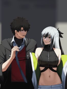 1boy 1girl bare_shoulders black_cloak black_hair black_necktie blue_eyes breasts cloak closed_mouth fate/grand_order fate_(series) fujimaru_ritsuka_(male) fujimaru_ritsuka_(male)_(mage's_association_uniform) green_jacket highres jacket long_hair looking_at_another medium_breasts midriff multicolored_hair nagao_kagetora_(fate) necktie open_clothes open_jacket open_mouth pants paperpillar red_shirt shirt short_hair uesugi_kenshin_(second_ascension)_(fate) white_hair white_jacket white_pants yellow_eyes