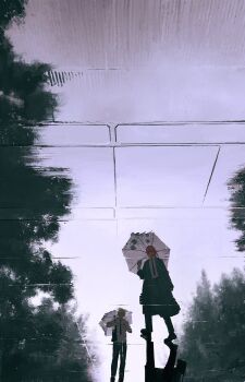 1boy 1girl black_bag black_coat black_necktie black_pants black_shoes blonde_hair chainsaw_man coat collared_shirt commentary cosplay denji_(chainsaw_man) drain_(object) light_smile looking_at_viewer makima_(chainsaw_man) makima_(chainsaw_man)_(cosplay) necktie nogawa_kalk orange_hair pants recolored reflection reflection_focus reflective_floor reflective_liquid shirt shoes sidelocks sky standing tile_floor tiles tree trench_coat umbrella upside-down walking white_umbrella