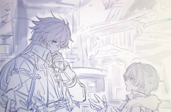 Rule 34 | 2boys, closed mouth, commentary request, flins (genshin impact), fur trim, genshin impact, gloves, hand on own face, height difference, highres, illuga (genshin impact), kotooooo88, long sleeves, looking down, looking up, male focus, mole, mole under eye, monochrome, multiple boys, open mouth, talking