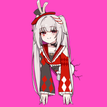 1girl butterfly-shaped_pupils chirun0 clothing_cutout commentary crack cracked_wall diamond_(shape) diamond_facial_mark diamond_on_cheek diamond_print english_commentary facial_mark half-closed_eyes hat hat_ornament heart heart_facial_mark heart_on_cheek honkai:_star_rail honkai_(series) japanese_clothes kimono looking_at_viewer mark_under_both_eyes pink_background rabbit_hat_ornament rabbit_hole_(vocaloid) red_streaks shoulder_cutout smile solo sparkle_(honkai:_star_rail) sparxie_(honkai:_star_rail) symbol-shaped_pupils top_hat twintails