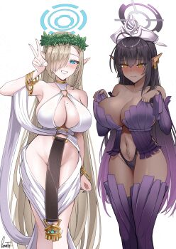 Rule 34 | 2girls, adversarial noise, asuna (blue archive), bare shoulders, black hair, blonde hair, blue archive, blue eyes, blue halo, blush, bracelet, breasts, celestine lucullus, celestine lucullus (cosplay), cleavage, collarbone, commentary, cosplay, dark-skinned female, dark elf, dark skin, detached sleeves, dress, earrings, elf, english commentary, frown, gradient hair, grin, groin, gzanth, hair between eyes, hair over one eye, halo, highleg, highleg panties, highres, jewelry, karin (blue archive), kuroinu ~kedakaki seijo wa hakudaku ni somaru~, large breasts, laurel crown, long hair, looking at viewer, mole, mole on breast, multicolored hair, multiple girls, navel, no panties, o-ring, o-ring top, olga discordia, olga discordia (cosplay), paid reward available, panties, pointy ears, pubic tattoo, purple hair, purple halo, purple panties, purple shirt, purple thighhighs, revealing clothes, shirt, signature, simple background, smile, tattoo, thighhighs, thighs, underwear, v, very long hair, white background, white dress, yellow eyes