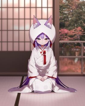 1girl animal_ear_fluff animal_ears blue_eyes brown_eyes closed_mouth commentary_request dot_nose floral_print floral_print_kimono fox_ears fox_girl full_body heterochromia highres indoors japanese_clothes kimono korean_commentary light_blush long_hair long_sleeves looking_at_viewer nyancul47 print_kimono purple_hair seiza shiromuku sitting smile solo stellive straight-on tatami tenko_shibuki uchikake very_long_hair virtual_youtuber white_hood white_kimono wide_sleeves