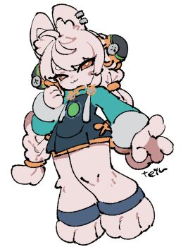 1girl :3 animal_ear_fluff animal_ear_piercing animal_ears animal_feet anklet artist_name braid braided_twintails bright_pupils chinese_clothes closed_mouth full_body furry furry_female green_shirt half-closed_eyes hashtag-only_commentary highres jewelry long_hair looking_at_viewer medallion pink_fur pink_hair rabbit_girl red_eyes screw shirt short_eyebrows simple_background solo tetsu_(teppei) thick_eyebrows white_background white_pupils zenless_zone_zero zhao_(zenless_zone_zero)