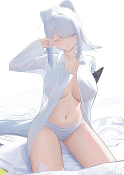 Rule 34 | 1girl, absurdres, animal ears, arknights, arknights: endfield, bandaid, bandaid on face, blue eyes, blue panties, breasts, cat ears, cat girl, cat tail, chinese commentary, ciexbiet, collarbone, commentary request, cowboy shot, estella (arknights), hand up, highres, huge breasts, light blush, long sleeves, looking at viewer, medium hair, multicolored panties, navel, no bra, one eye closed, open clothes, open shirt, panties, simple background, sitting, solo, stomach, striped clothes, striped panties, tail, thighs, two-tone panties, underwear, white background, white hair, white panties