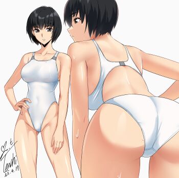 1girl ass black_hair breasts brown_eyes character_request commission cowboy_shot front_mission hand_on_own_hip highleg highleg_one-piece_swimsuit highres large_breasts leaning_forward multiple_views one-piece_swimsuit parted_bangs pixiv_commission racerback short_hair signature simple_background solo swimsuit tachi-e wet wet_clothes wet_swimsuit white_background white_one-piece_swimsuit yoo_tenchi