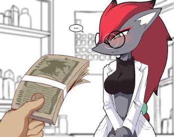 1boy 1girl akatosh_el_shota_furro animal_ears black_fur blush breasts closed_mouth coat cowboy_shot embarrassed furry furry_female gen_5_pokemon glasses green_eyes grey_fur hands_between_legs highres holding holding_money indoors large_breasts long_hair looking_at_object money nintendo open_clothes open_coat pokemon pokemon_(creature) pov pov_crotch prostitution red_hair round_eyewear solo_focus standing two-tone_fur v_arms wavy_mouth white_coat wolf_ears wolf_girl zoroark