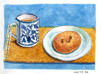 Rule 34 | coffee, coffee mug, cup, dessert, donut, drink, food, food focus, highres, keisuke k (enyahoro), millipen (medium), mug, no humans, original, painting (medium), pen (medium), plate, still life, traditional media, watercolor (medium)