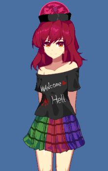 1girl animated animated_gif bare_shoulders black_shirt blue_background blue_border blush border breasts closed_mouth clothes_writing collarbone downblouse eyebrows hair_between_eyes hanging_breasts heart heart_print hecatia_lapislazuli hurumero long_hair looking_at_viewer medium_breasts multicolored_skirt nipple_slip nipples no_bra off_shoulder orange_eyes pixel_art plaid_clothes plaid_skirt red_hair shirt short_sleeves simple_background skirt smile solo standing touhou