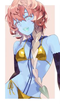1girl bare_shoulders bikini black_gloves blue_eyes blue_skin blue_tongue blush braid breasts colored_skin colored_tongue commentary_request detached_collar elbow_gloves fate/grand_order fate_(series) gloves gold_bikini highres long_hair looking_at_viewer navel open_mouth orange_hair shimaa482 side_braid small_breasts smile solo swimsuit teeth uvula van_gogh_(fate) van_gogh_(second_ascension)_(fate)