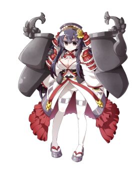 1girl akaneya black_hair breasts cleavage detached_sleeves female_focus full_body hair_ornament large_breasts long_hair looking_at_viewer morioka_(oshiro_project) official_art okobo oshiro_project:re pantyhose platform_sandals red_eyes sandals shachihoko solo thick_eyebrows transparent_background white_pantyhose
