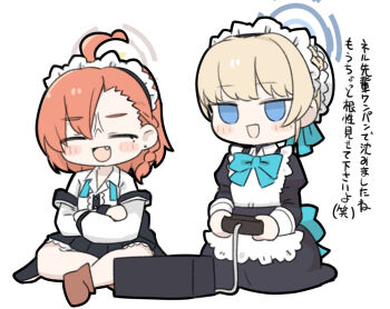 2girls :d ^_^ ahoge anger_vein apron black_dress black_jacket black_skirt blonde_hair blue_archive blue_bow blue_eyes blush_stickers bow bun_cover center_frills chibi closed_eyes collared_shirt dress dress_shirt earrings frills hair_bun halo jacket jewelry juliet_sleeves long_sleeves maid maid_apron maid_headdress miranofuudoria multiple_girls neru_(blue_archive) off_shoulder open_clothes open_jacket open_mouth orange_hair pleated_skirt puffy_sleeves seiza shirt simple_background sitting skirt smile stud_earrings toki_(blue_archive) translation_request white_background white_shirt