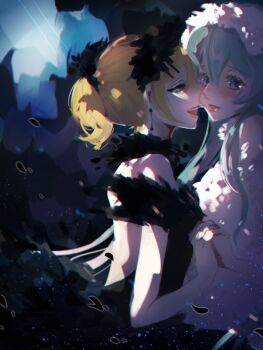 Rule 34 | 2girls, aqua hair, backless dress, backless outfit, ballerina, bare arms, bare back, bare shoulders, black choker, black dress, black swan (miracle nikki), blonde hair, blue eyes, blue sky, blush, bow, choker, cowboy shot, day, dress, earrings, eye contact, eyelashes, feather-trimmed dress, feather choker, feather hair ornament, feather hairband, feather sleeves, feathers, hair bow, hair ornament, hairband, happy, hatsune miku, highres, imminent kiss, jewelry, kagamine rin, light particles, light rays, lipstick, long hair, long sidelocks, looking at another, makeup, melling rl, miracle nikki, mountain, multiple girls, nervous, nikki (series), off-shoulder dress, off shoulder, open mouth, outdoors, parted lips, pink lips, pointy nose, ponytail, red lips, short hair, short ponytail, short sleeves, shoulder blades, sidelocks, sky, smile, teeth, upper teeth only, very long hair, vocaloid, white choker, white dress, white hairband, white swan (miracle nikki), yuri