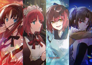 4girls absurdres apron black_hair black_socks blue_bow blue_eyes bow brown_dress brown_eyes brown_hair brown_kimono copyright_name dress english_text floating_hair hair_bow highres hisui_(tsukihime) japanese_clothes kimono kohaku_(tsukihime) long_hair looking_at_viewer maid maid_apron multiple_girls neck_ribbon red_hair red_ribbon ribbon short_hair siblings sisters socks tohno_akiha trait_connection tsukihime tsukihime_(remake) twins wa_maid white_apron yakksan yellow_eyes yumizuka_satsuki