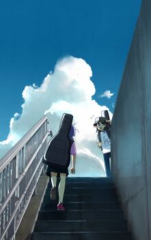 2girls black_hair blue_sky bucket_hat clothes_writing cloud denim facing_away fujii_ayame futsuu_no_keion-bu guitar_case hat hatono_chihiro highres instrument_case instrument_on_back jeans medium_hair multiple_girls on_stairs outdoors pants pink_shirt pink_shoes purple_hair sasayamaojisan shirt shoes skirt sky small_pupils sneakers stairs t-shirt upside-down_eyelashes white_shirt