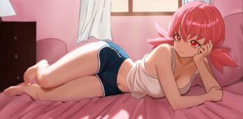 1girl bare_shoulders barefoot bed bed_sheet bedroom blue_shorts breasts cleavage crop_top curtains dolphin_shorts full_body large_breasts lying midriff navel nihu nintendo on_side pillow pink_eyes pink_hair pink_pillow pokemon pokemon_gsc shirt shorts sleeveless solo twintails white_shirt whitney_(pokemon) window