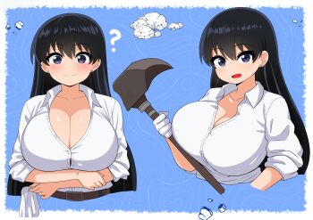 1girl ? absurdres arato_nagi arms_under_breasts black_hair blue_background blue_eyes breast_focus breasts cleavage closed_mouth collared_shirt commentary cropped_arms cropped_torso crossed_arms earrings english_commentary from_side gloves hand_up highres holding holding_pickaxe huge_breasts jewelry long_hair long_sleeves looking_at_viewer multiple_views open_mouth pickaxe rock ruri_no_houseki shiny_skin shirt sleeves_rolled_up smile straight-on stud_earrings the_only_shoe white_gloves white_shirt wing_collar
