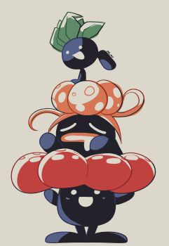 absurdres arms_up blue_skin closed_eyes colored_skin commentary delatoid drooling evolutionary_line gen_1_pokemon gloom_(pokemon) grey_background highres leaf nintendo oddish open_mouth pokemon pokemon_(creature) pokemon_focus simple_background standing standing_on_one_leg vileplume