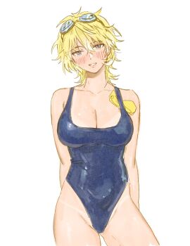 1girl blonde_hair blue_one-piece_swimsuit blush breasts cleavage commentary competition_swimsuit contrapposto cowboy_shot english_commentary genderswap genderswap_(mtf) goggles goggles_on_head highres large_breasts looking_at_viewer medium_hair milkuriem mole mole_on_breast mole_on_neck nijisanji nijisanji_en one-piece_swimsuit simple_background smile solo sonny_brisko swim_goggles swimsuit virtual_youtuber white_background wolf_cut
