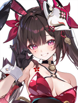1girl adapted_costume animal_ear_hairband animal_ears armpits black_choker black_gloves breasts brown_hair choker clenched_teeth comiket_107 commentary_request criss-cross_straps fake_animal_ears fellatio_gesture flower_tattoo fox_mask gloves grin hairband honkai:_star_rail honkai_(series) leotard looking_at_viewer mask mask_on_head medium_breasts ok_sign purple_eyes rabbit_ear_hairband rabbit_ears red_leotard shirokitsune simple_background smile solo sparkle_(honkai:_star_rail) tattoo teeth twintails white_background wrist_cuffs