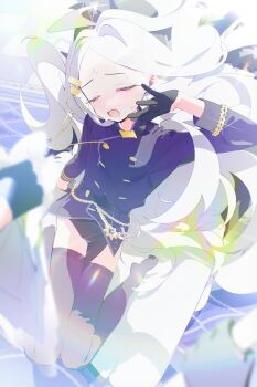 1girl absurdres ahoge black_gloves black_halo black_skirt black_thighhighs blue_archive blush bm_tol breasts commentary_request demon_girl demon_horns demon_wings gloves halo highres hina_(blue_archive) horns long_hair low_wings open_mouth skirt small_breasts solo thighhighs thighs very_long_hair white_hair wings