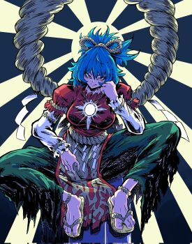 1girl blue_hair bow breasts commentary_request hair_bow hair_up highres looking_at_viewer medium_breasts mirror nehitsuji_(syatihokoga) red_eyes rope sandals shimenawa solo touhou white_sleeves yasaka_kanako