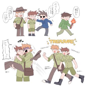 Rule 34 | 4boys, :d, ^ ^, animification, annoyed, antenna hair, bag, black boots, black shoes, blue hoodie, blush, boots, brown hair, brown hat, brown pants, carrying, carrying person, closed eyes, collared shirt, commentary request, edd (eddsworld), eddsworld, english text, flat color, green hoodie, green shirt, green shorts, grey pants, hair ears, hat, highres, holding, holding torch, hollow eyes, hood, hood down, hoodie, jitome, long sleeves, male focus, matt (eddsworld), messenger bag, mjsc 10, multiple boys, musical note, official alternate costume, open mouth, orange hair, pants, pointing, pointing at another, red eyes, scared, scene reference, shaded face, shirt, shoes, short hair, short sleeves, shorts, shoulder bag, simple background, smile, smug, sneakers, sparkle, speech bubble, spiked hair, tom (eddsworld), torch, tord (eddsworld), translation request, trembling, walking, white background