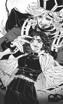 1boy 1girl animal_print belt black_hair black_jacket black_pants blood blood_from_mouth breasts butterfly_hair_ornament butterfly_print claws demon_boy demon_slayer_uniform douma_(kimetsu_no_yaiba) fangs fingernails furrowed_brow greyscale hair_between_eyes hair_ornament hakama hakama_pants hand_on_another&#039;s_shoulder haori hat highres jacket japanese_clothes kimetsu_no_yaiba kochou_shinobu medium_breasts monochrome open_mouth pants parted_bangs print_haori sharp_fingernails sidelocks smile ssamesum sweatdrop white_background white_belt white_hair