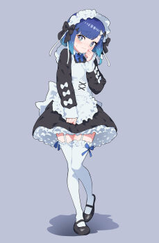 1girl absurdres alternate_costume apron back_bow black_dress black_shoes black_thighhighs blue_bow blue_bowtie blue_eyes blue_hair blush bow bowtie bright_pupils collared_dress commentary_request dress embarrassed enmaided frilled_apron frills full_body garter_straps gradient_hair grey_background hair_ornament hairclip highres long_sleeves looking_at_viewer maid maid_apron maid_headdress mary_janes multicolored_hair niboshidrip petticoat shadow shoes short_hair simple_background sleeves_past_wrists solo standing thighhighs tsumugi_kokage two-tone_hair virtual_youtuber vspo! wavy_mouth white_apron white_garter_straps white_pupils zettai_ryouiki