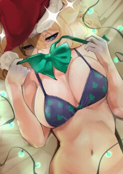 1girl absurdres blonde_hair blue_eyes bra breasts christmas_lights christmas_tree_print hat highres kaneko_lumi large_breasts long_hair lying on_back on_bed phase_connect print_bra pupi_(rain_prophet) santa_hat solo underwear virtual_youtuber