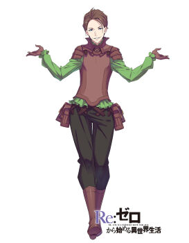 1boy armor balleroy_temeglyph belt belt_pouch black_pants blue_eyes boots brown_belt brown_boots brown_gloves brown_hair clenched_teeth collared_shirt copyright_logo full_body gloves green_skirt hands_up highres logo long_sleeves looking_at_viewer official_art ootsuka_shin'ichirou open_hands pants parted_lips pouch re:zero_kara_hajimeru_isekai_seikatsu shirt short_hair shrugging skirt smile solo standing tachi-e teeth