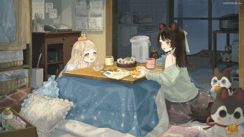 Rule 34 | 2girls, animal ears, banken (inui toko), blonde hair, commentary request, dog ears, dog girl, gonzalez (machita chima), hamster on head, heterochromia, hishida (koko escape), indoors, inui toko, kotatsu, long hair, machita chima, multiple girls, nijisanji, nornis, official art, on head, open mouth, red eyes, second-party source, short eyebrows, sitting, table, thick eyebrows, virtual youtuber, yellow eyes