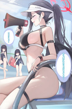 3girls bare_shoulders bikini black_bikini black_choker black_hair black_one-piece_swimsuit black_wings blue_archive blush breasts choker closed_eyes commentary_request competition_school_swimsuit feathered_wings halo highres holding holding_megaphone houraku ichika_(blue_archive) ichika_(swimsuit)_(blue_archive) justice_task_force_member_(blue_archive) large_breasts long_hair megaphone multiple_girls navel official_alternate_costume one-piece_swimsuit open_mouth ponytail poolside red_eyes red_halo school_swimsuit sideboob sitting small_breasts speech_bubble swimsuit thigh_strap thighs translation_request twintails visor_cap wings