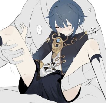 Rule 34 | 2boys, blush, closed eyes, genshin impact, hand size difference, handjob, highres, implied handjob, male focus, multiple boys, short hair, trap, xingqiu (genshin impact), yaoi, yoko (nz g)