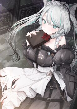 1girl animal_ears black_sky braid braided_sidelocks cake cheek_rest cross-laced_clothes cross-laced_sleeves dessert food frilled_straps fuzzy_clothes grey_nails grey_tail highres hinamori_anthea holding holding_saucer indie indie_virtual_youtuber kurage_cc leopard_ears leopard_tail maid nata_(tool) red_pupils saucer sky snow_leopard_tail strawberry_shortcake tail teapot valentine virtual virtual_youtuber wallpaper_(object)