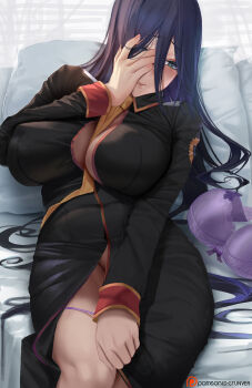1girl between_breasts black_dress blue_hair blush bra unworn_bra breasts cassandra_ilion cleavage covering_face dress dungeon_ni_deai_wo_motomeru_no_wa_machigatteiru_darou_ka gtunver hair_over_eyes highres large_breasts lips long_hair looking_away lying on_back panties panty_pull patreon_logo patreon_username pillow skin_tight solo underwear
