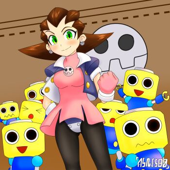 1girl asnesbo black_jacket black_pantyhose blush breasts brooch brown_background brown_hair capcom crotch_plate dress earrings gloves green_eyes hand_on_own_hip highres jacket jewelry looking_at_viewer medium_breasts mega_man_(series) mega_man_legends_(series) open_clothes open_jacket pantyhose pink_dress pink_gloves puffy_sleeves robot servbot_(mega_man) short_hair short_sleeves skull skull_brooch skull_earrings smile standing tron_bonne_(mega_man) wind wind_lift