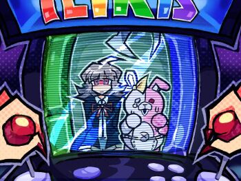 1other 2girls arcade_cabinet arcade_stick controller crane_game danganronpa_(series) danganronpa_2:_goodbye_despair expressionless game_controller joystick monitor monomi_(danganronpa) multiple_girls nanami_chiaki phonnks pov tetris worried