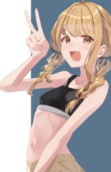 1girl absurdres black_sports_bra blonde_hair braid breasts collarbone fang fujita_kotone gakuen_idolmaster highres idolmaster looking_at_viewer low_twin_braids navel pandoa_(mikage0495) skin_fang small_breasts solo sports_bra stomach twin_braids v yellow_eyes