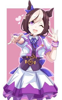 1girl absurdres animal_ears blush bow braid breasts brown_hair commentary_request ear_bow ear_ribbon heart highres horse_ears horse_girl jacket looking_at_viewer multicolored_hair one_eye_closed open_mouth purple_bow purple_eyes purple_ribbon purple_vest ribbon shirt short_hair short_sleeves skirt smile special_week_(special_dreamer)_(umamusume) special_week_(umamusume) two-tone_hair umamusume vest white_hair white_jacket white_skirt wristband xiaofeng